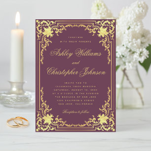 Vintage Wedding Wine Colour Faux Gold Ornate Fram Invitation