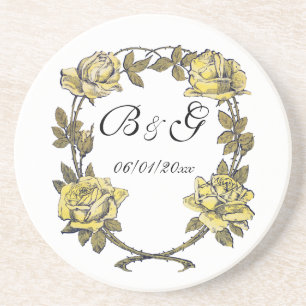 Vintage Wedding, Yellow Antique Garden Rose Wreath Coaster