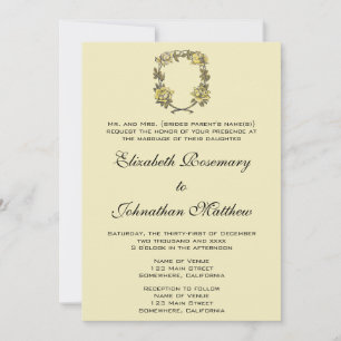 Vintage Wedding, Yellow Antique Garden Rose Wreath Invitation