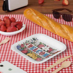 Vintage WELCOME Flowers Housewarming Party  Paper Plate