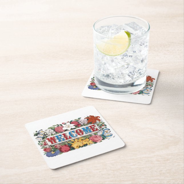 Vintage WELCOME Flowers Housewarming Party  Square Paper Coaster (Insitu)