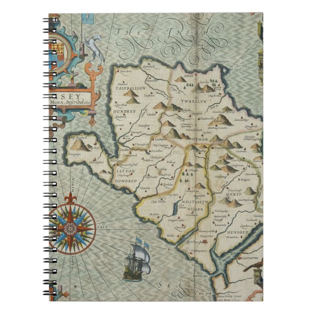 Vintage Welsh Island Map with Castle & Galleon Notebook (Front)