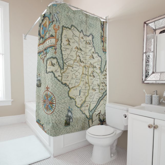 Vintage Welsh Island Map with Castle & Galleon Shower Curtain (In Situ)