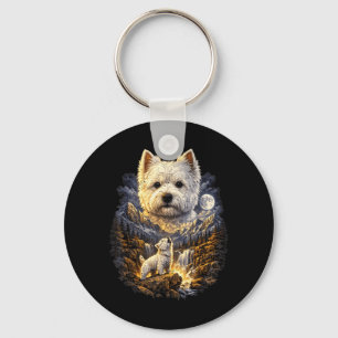 Vintage West Highland White Terrier Howling Moon Key Ring