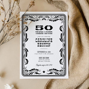 Vintage Western Black White Cowboy Rustic Birthday Invitation
