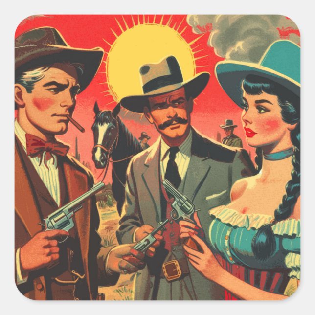 Vintage Western Comics Illustration Square Sticker (Front)