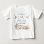 Vintage Western Cowboy First Rodeo 1st Birthday  Baby T-Shirt<br><div class="desc">Vintage Western Cowboy First Rodeo 1st Birthday Baby T-Shirt 

Boy's vintage first birthday rodeo t-shirt featuring two longhorn cows,  a desert scene and rope style text.  The age is editable making this rodeo themed birthday t shirt suitable for any age.</div>