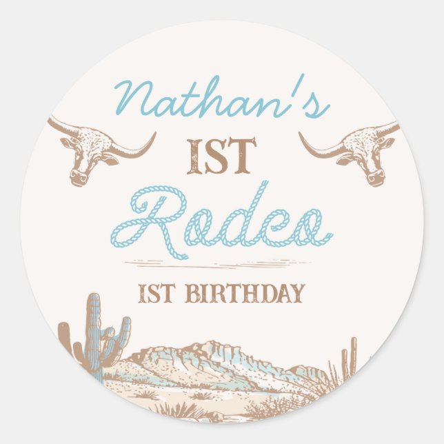 Vintage Western Cowboy First Rodeo 1st Birthday  Classic Round Sticker (Front)