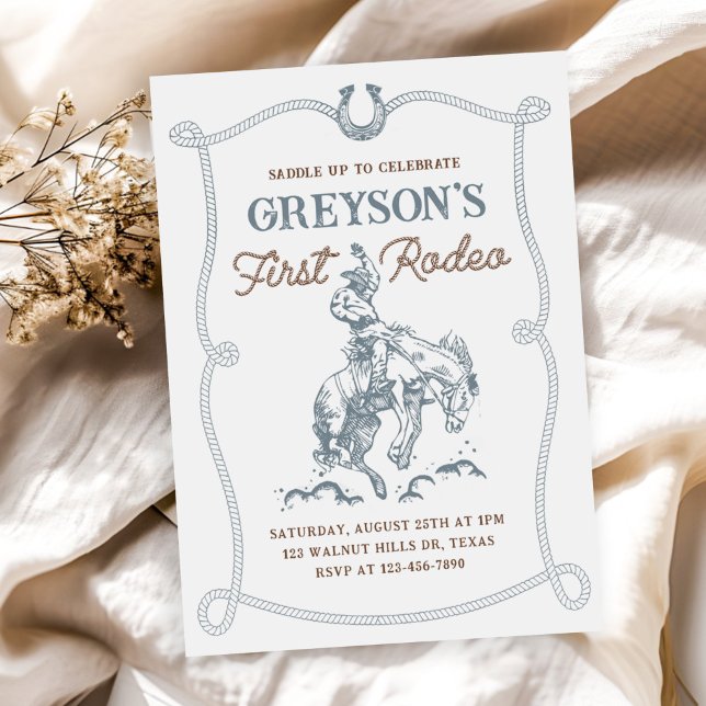 Vintage Western Cowboy First Rodeo 1st Birthday Invitation (Creator Uploaded)