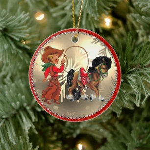 Vintage Western Cowboy Kid Horse and Rope Ceramic Ornament
