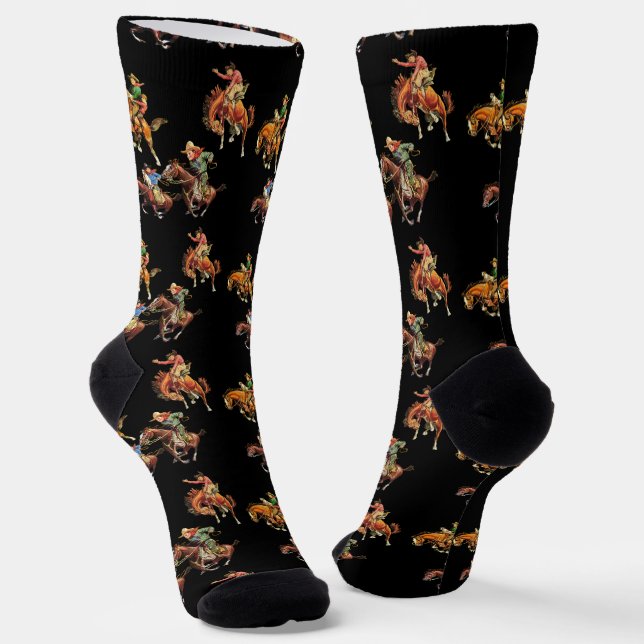 Vintage Western Cowboy Kids On Horses Socks (Angled)