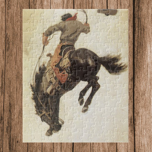 Vintage Western, Cowboy on a Bucking Bronco Horse Jigsaw Puzzle
