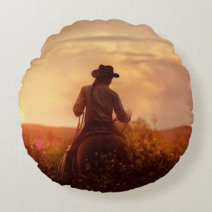 Vintage western cowboy portrait round cushion