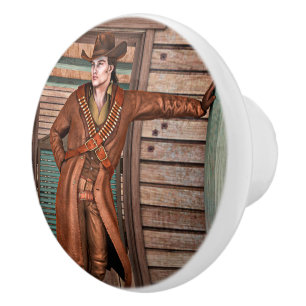 Vintage Western Cowboy Rustic Frontier Art Ceramic Knob