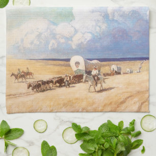 Vintage Western Cowboys, Covered Wagons by Wyeth Tea Towel