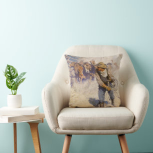 Vintage Western Cowboys, In the Corral by NC Wyeth Cushion