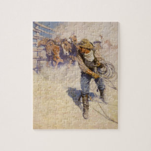 Vintage Western Cowboys, In the Corral by NC Wyeth Jigsaw Puzzle
