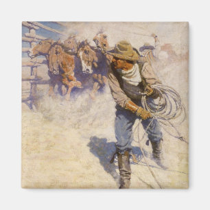 Vintage Western Cowboys, In the Corral by NC Wyeth Magnet