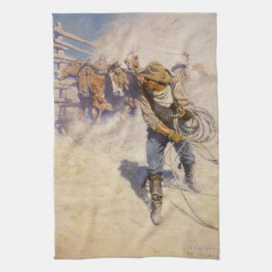Vintage Western Cowboys, In the Corral by NC Wyeth Tea Towel