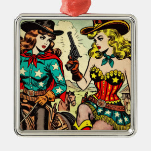 Vintage Western Cowgirl Comics Metal Ornament