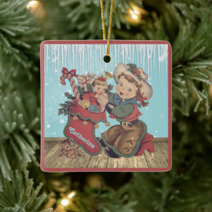 Vintage Western Cowgirl Kid and Christmas Stocking Ceramic Ornament