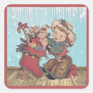 Vintage Western Cowgirl Kid and Christmas Stocking Square Sticker