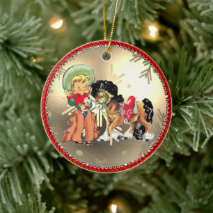 Vintage Western Cowgirl Kid And Horse Ceramic Ornament