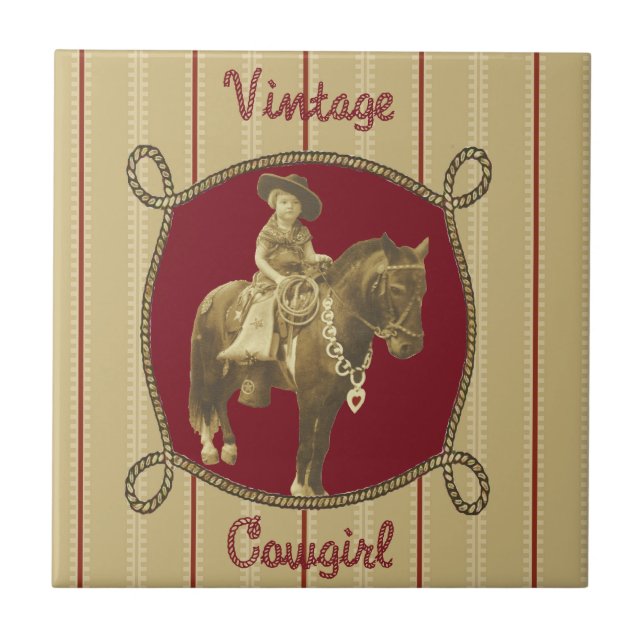 Vintage Western Cowgirl On Horse Ceramic Tile (Front)