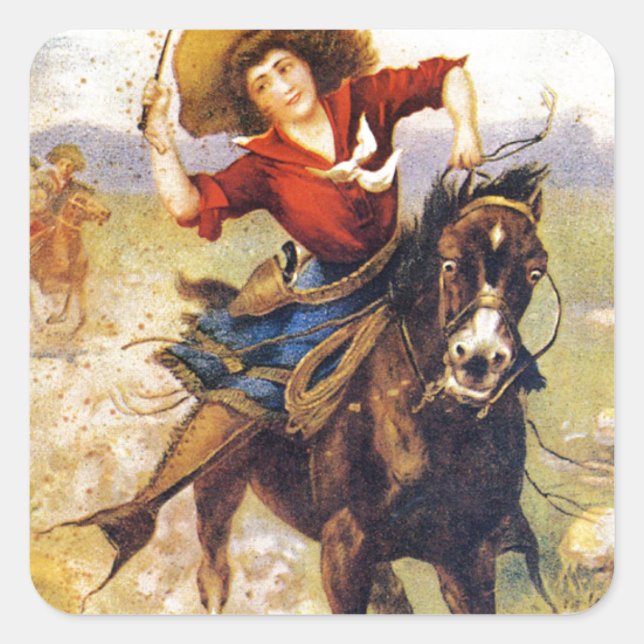 Vintage Western Cowgirl On Horse Square Sticker (Front)