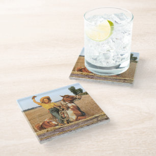 Vintage Western Cowgirl On Horse Waving Glass Coaster