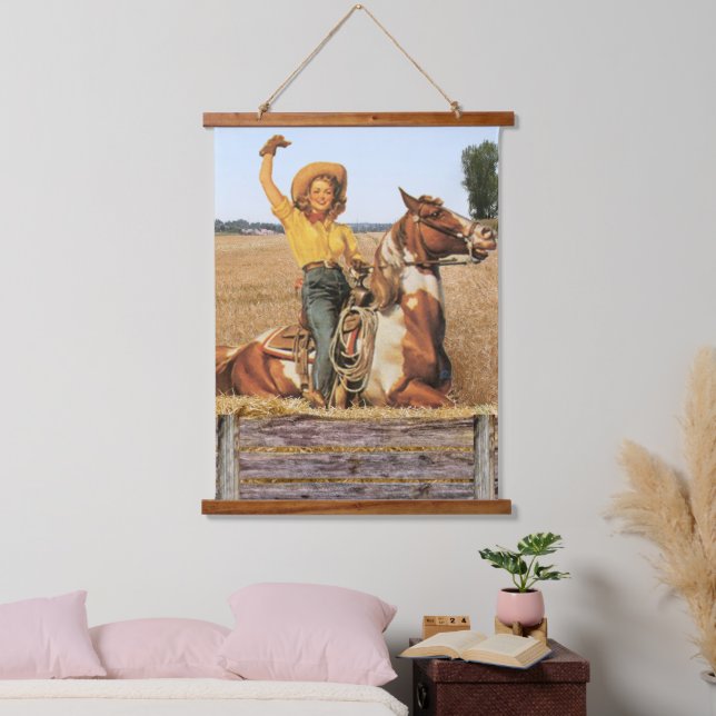 Vintage Western Cowgirl On Horse Waving   Hanging Tapestry (Bedroom)