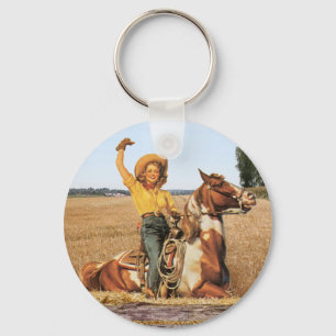 Vintage Western Cowgirl On Horse Waving  Key Ring