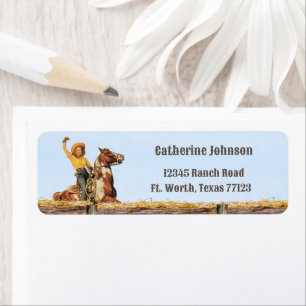 Vintage Western Cowgirl On Horse Waving  Return Address Label