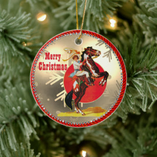 Vintage Western Cowgirl On Rearing Horse Ceramic Ornament