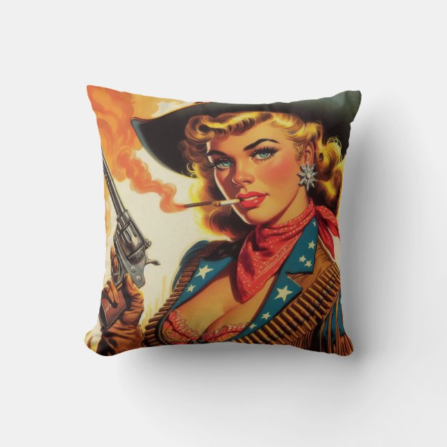 Vintage Western Cowgirl Pin Up Cushion (Front)
