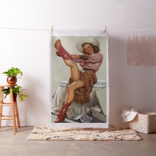 Vintage Western Cowgirl Putting On Boot -Lg. Print Fabric