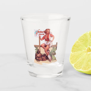 Vintage Western Cowgirl With Saddle And Rodeo Sign Shot Glass