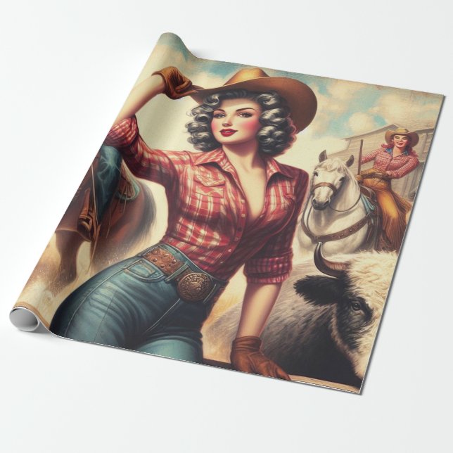Vintage Western Cowgirl Wrapping Paper (Unrolled)