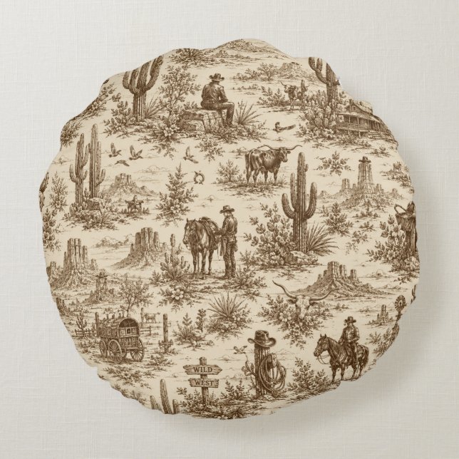 Vintage Western Desert Toile Seamless Pattern Round Cushion (Back)