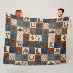 Vintage Western Patchwork Quilt Pattern Fleece Blanket