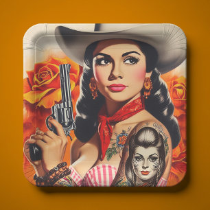 Vintage Western Pin-up Paper Plate