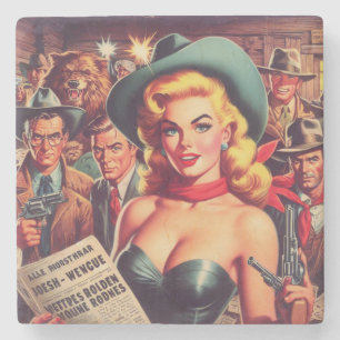 Vintage Western Pulp Girl Stone Coaster