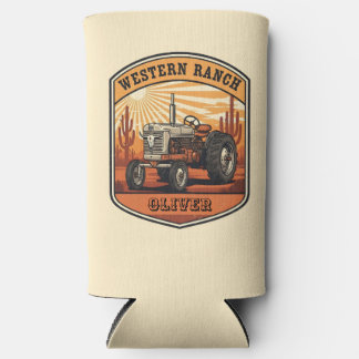 Vintage Western Ranch Tractor Desert Sunset Seltzer Can Cooler