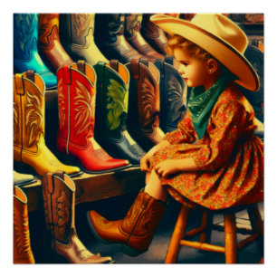 Vintage Western Retro Cowgirl Boot Shopping Poster