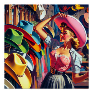 Vintage Western Retro Cowgirl Shopping For Hats 5 Poster