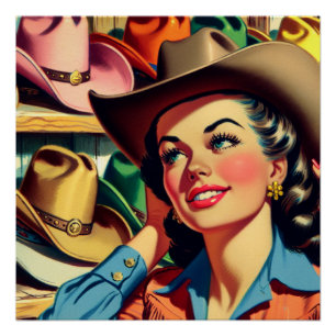 Vintage Western Retro Cowgirl Shopping For Hats 5 Poster