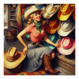 Vintage Western Retro Cowgirl Shopping For Hats Poster