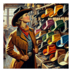 Vintage Western Retro Cowgirl Shopping For Hats  Poster