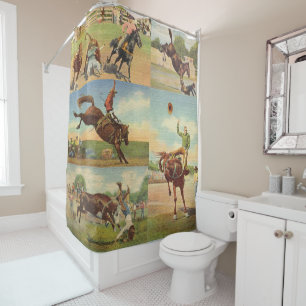 Vintage Western Rodeo Events Cowboys Horses Bulls Shower Curtain