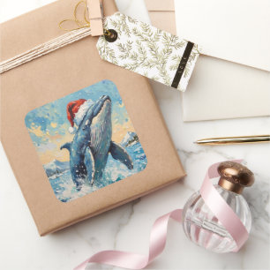 Vintage Whale with Santa Hat Christmas Scene Square Sticker